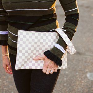 Cream Checkered Wristlet Clutch